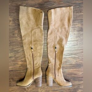 Kelsi Dagger Brooklyn Logan Fawn Thigh High Suede Boots Stacked Heel Chic Size 7